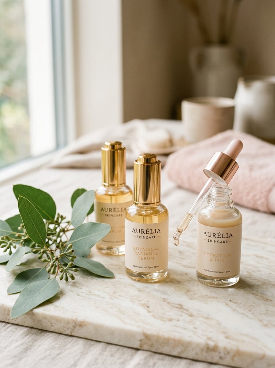 Skincare serums and eucalyptus on marble