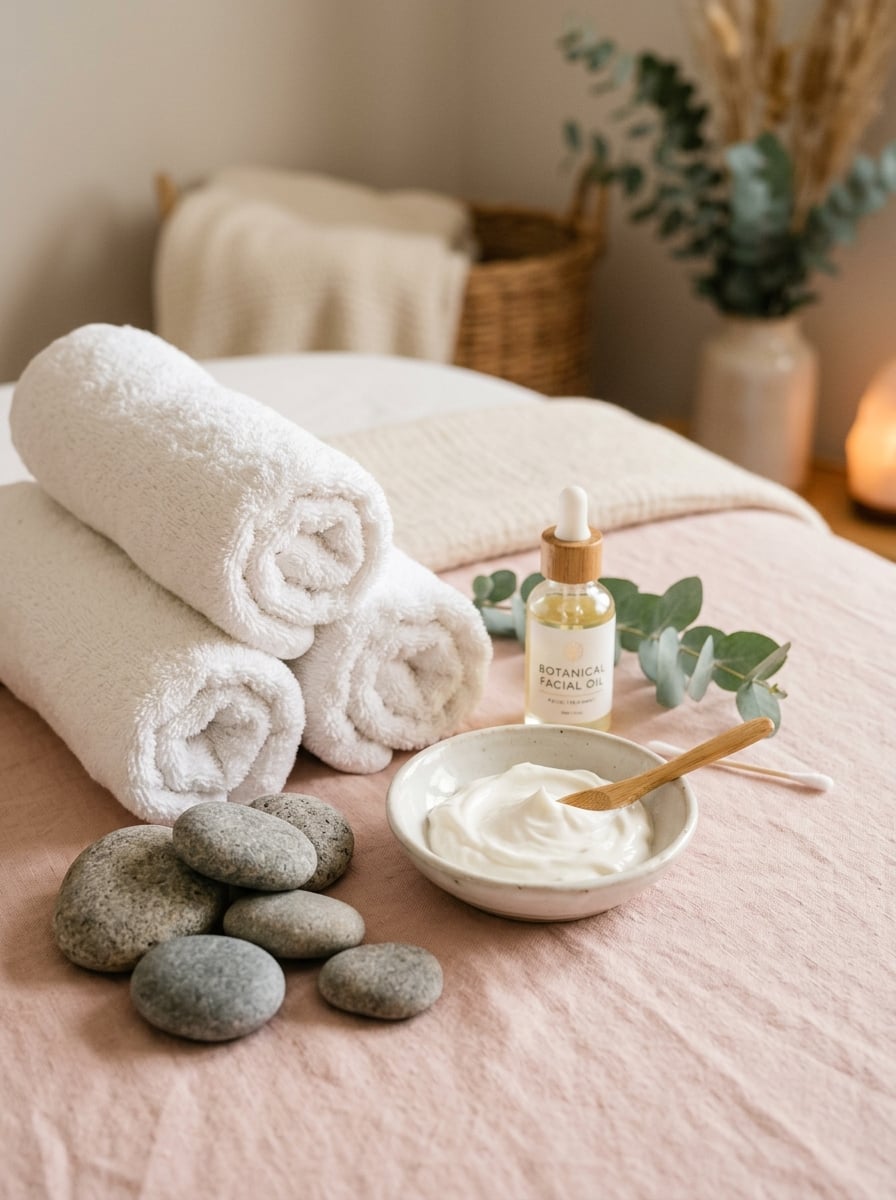 Spa treatment setup with towels and stones